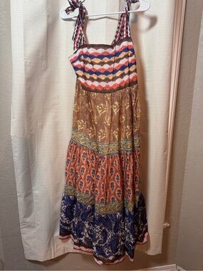 Beulah Multi-Print Tiered Maxi Dress - Blue, Orange, Brown
